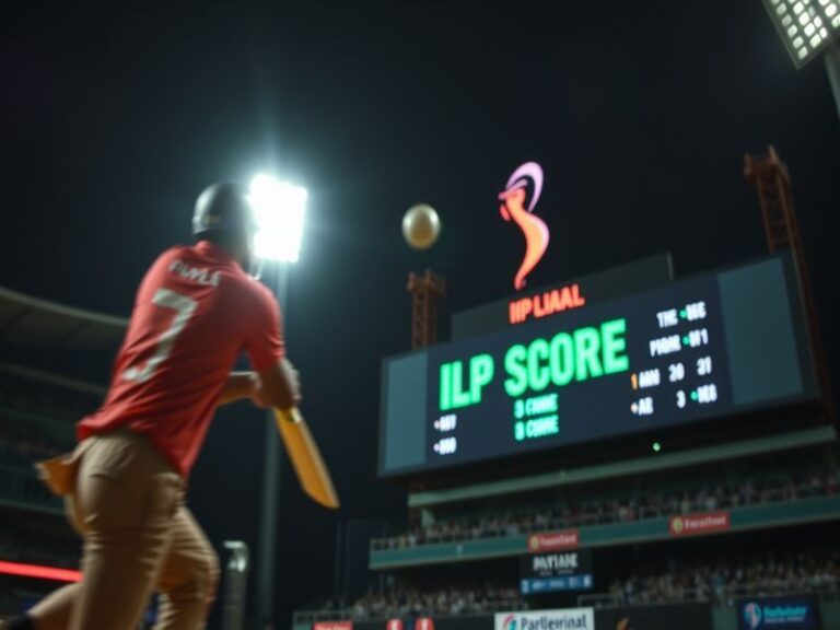 A vibrant cricket stadium filled with cheering fans, illuminated by bright lights. The scoreboard prominently displays a high