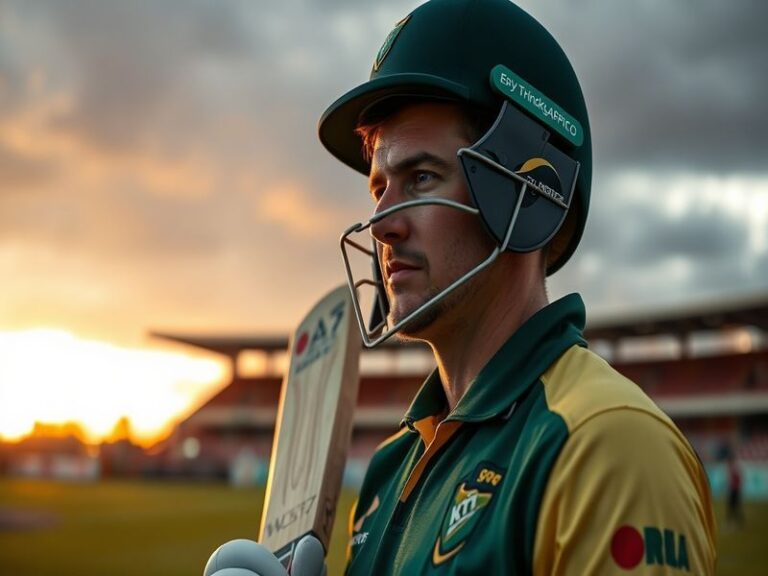 An action shot of Ryan Rickelton batting during a cricket match, showcasing his focus and determination, with a vibrant crowd