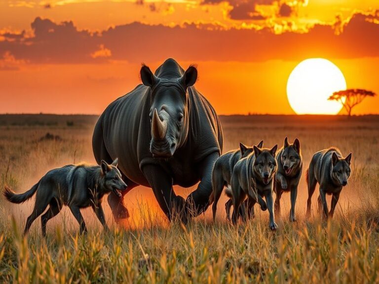 A split image showcasing a majestic rhino in a savanna setting and a pack of wolves in a forest, representing their contrasti
