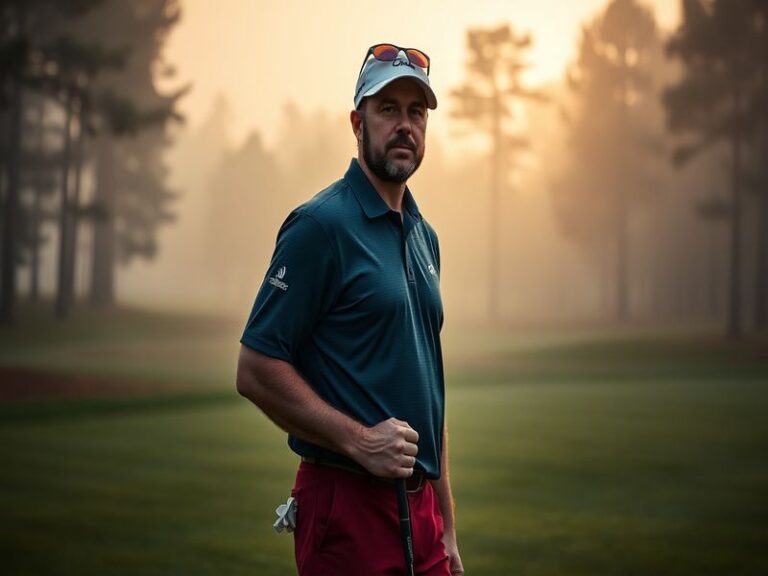 A golfer mid-swing on a lush green course under soft evening light, with a contemplative expression, symbolizing resilience a