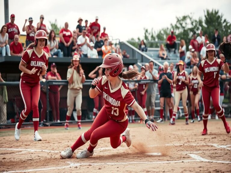 A dynamic shot of the OU softball team in action, displaying their uniforms and teamwork on the field during a game.
