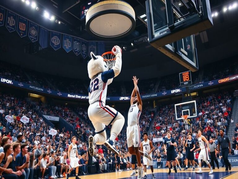 An intense basketball game atmosphere featuring UConn and Notre Dame players in action, showcasing emotion and competition on