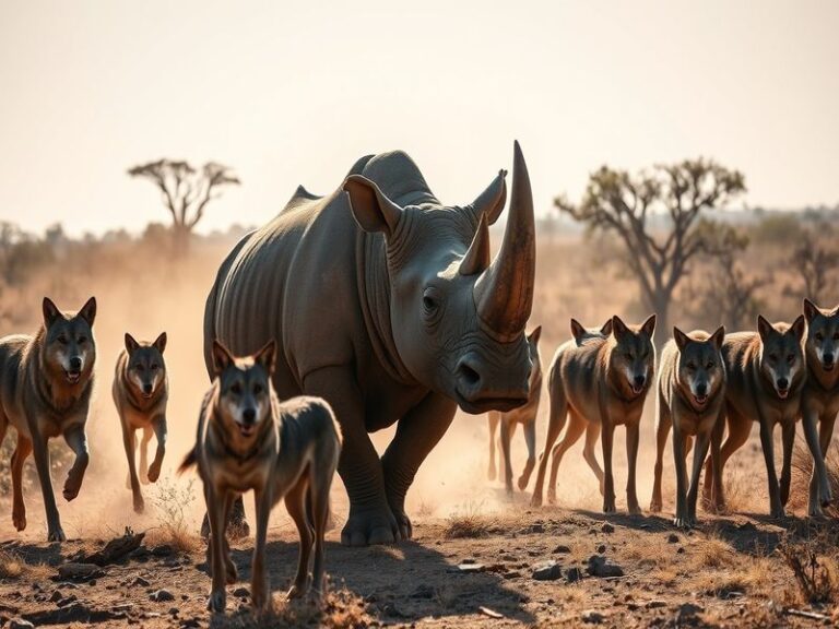 A split image featuring a majestic rhino in a savannah landscape and a pack of wolves in a forest setting, showcasing their r