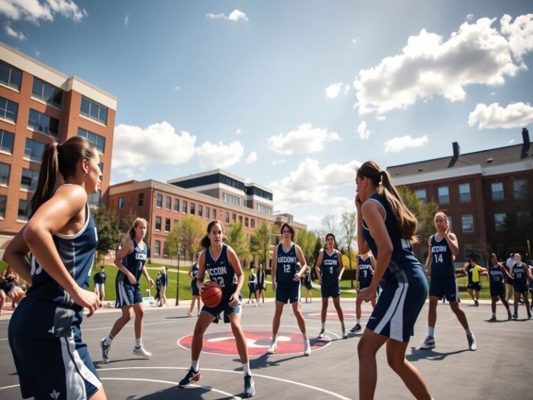 A dynamic action shot of UConn women's basketball players in a high-energy game, wearing their navy blue uniforms with the Hu
