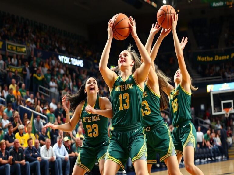 An action shot of Notre Dame women's basketball players in a game, showcasing teamwork and intensity, with fans cheering in t