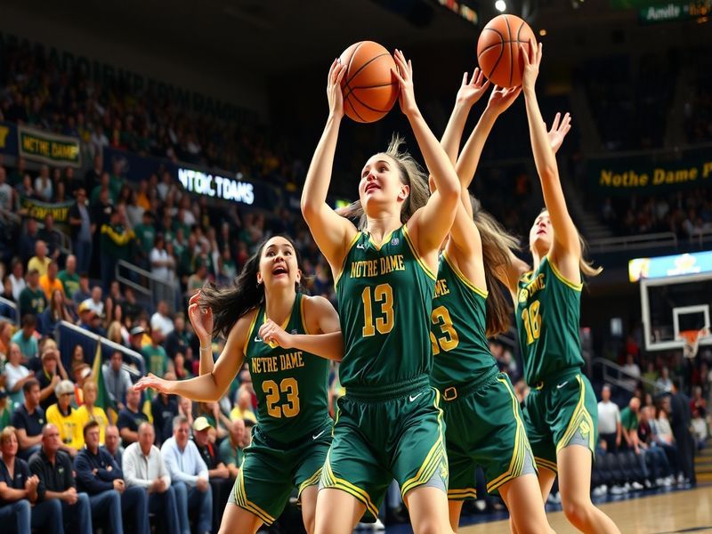 An action shot of Notre Dame women's basketball players in a game, showcasing teamwork and intensity, with fans cheering in t