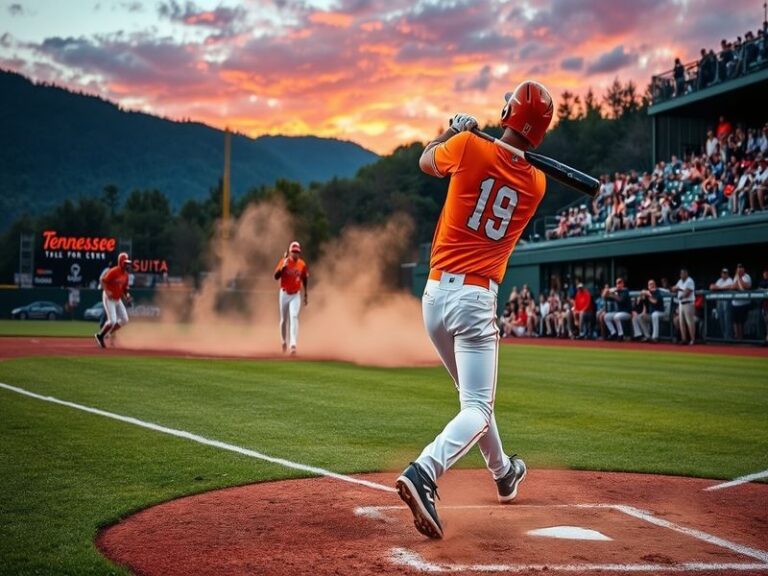 An action shot of a college baseball game in Tennessee, capturing players in motion, with a vibrant crowd in the background,