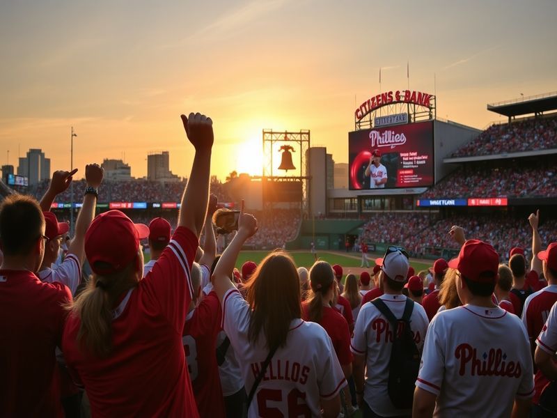 A vibrant scene at Citizens Bank Park with Phillies players in action, surrounded by international fans holding team merchand