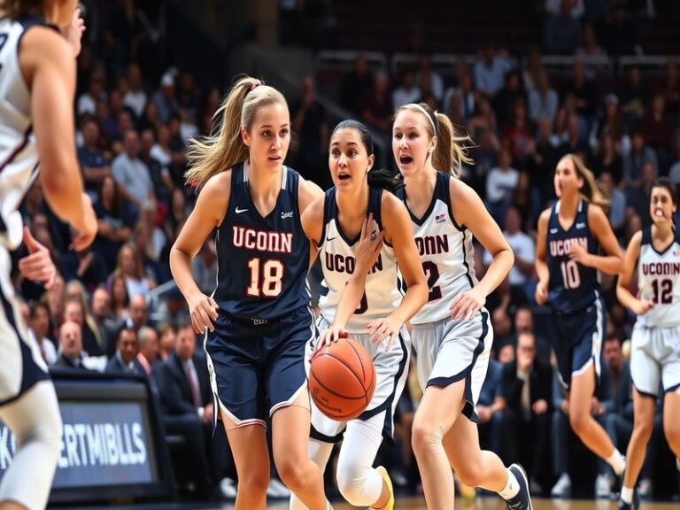 An action shot of the UConn women's basketball team playing in a packed arena, showcasing the intensity and excitement of col