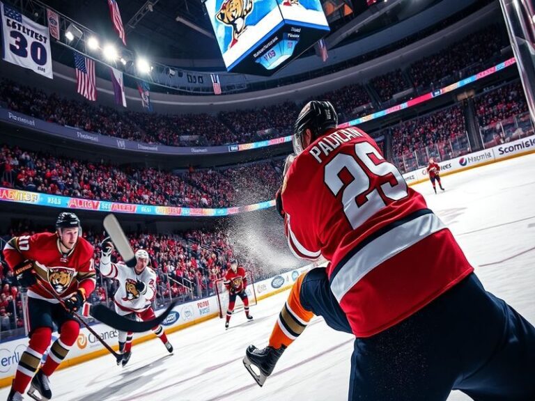 A vibrant image of a packed hockey arena during a Panthers vs Rangers game, showcasing fans in team colors, the excitement of