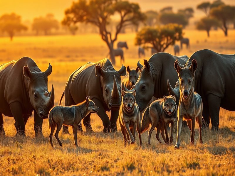 A split image showing a majestic rhino grazing in a savanna and a pack of wolves in a forest, highlighting their contrasting