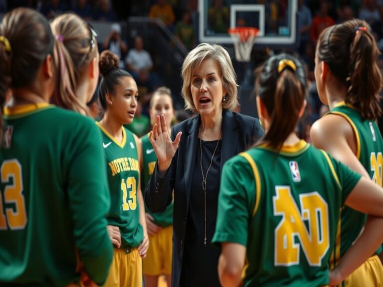 A vibrant action shot of Niele Ivey coaching during a game, showcasing her dynamic presence on the sidelines.