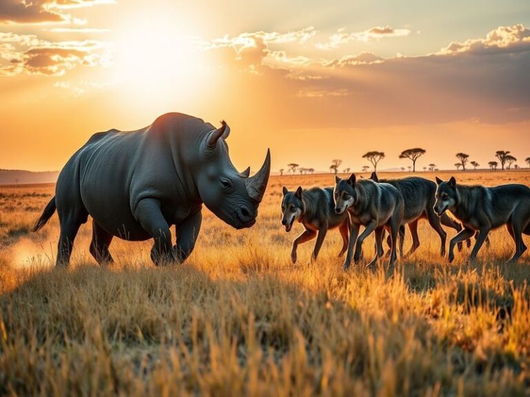 A split image featuring a rhinoceros in a savanna setting and a wolf in a forest, showcasing their distinct habitats and phys