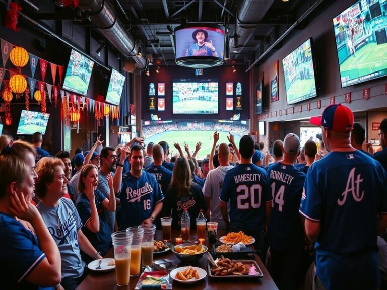 A split-screen image showing a Royals batter swinging in Kauffman Stadium on the left and a Braves player pitching at Truist