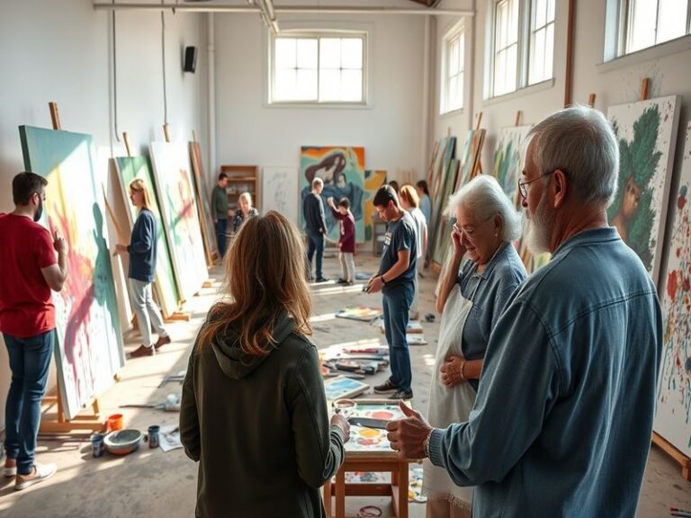 An artistic representation of a golf tournament with players in action, framed by a background of iconic art pieces symbolizi