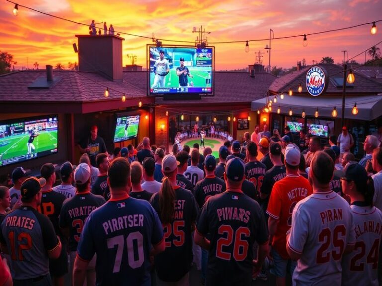A split-screen image of a Pirates player at bat and a Mets player in the outfield, with a smartphone displaying a streaming a