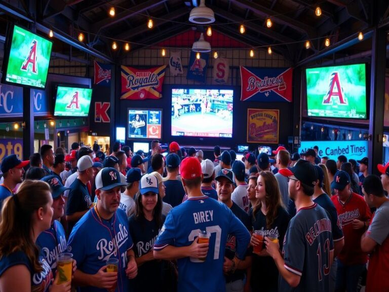 A vibrant scene from a baseball game featuring Kansas City Royals and Atlanta Braves, showcasing fans in team colors, cheerin