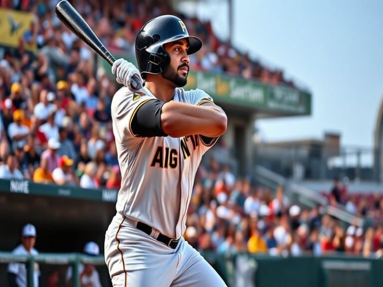 Andrew McCutchen mid-swing in a Pirates uniform, mid-game, with a crowd in the background. The image captures his focused exp
