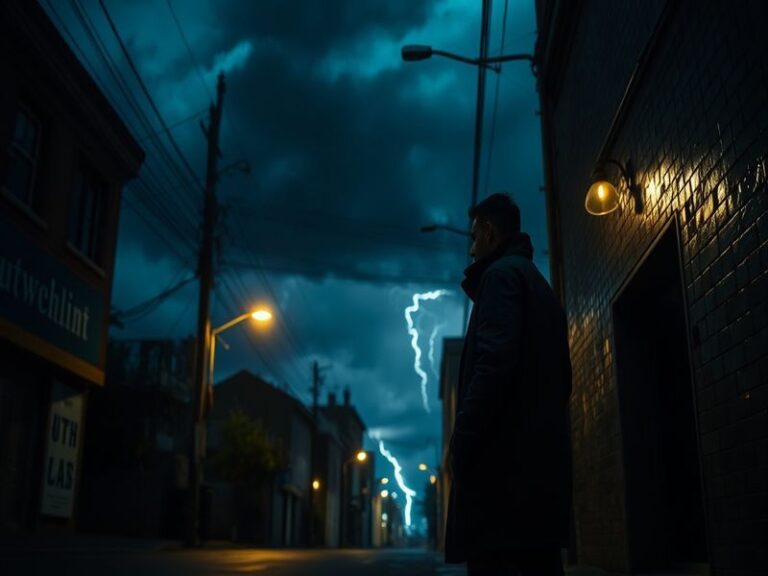 An image depicting a stormy sky over a city skyline, symbolizing impending threats and uncertainty, with dark clouds and flas