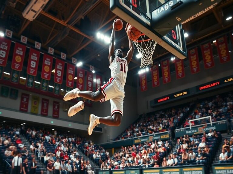 An action shot of Jaylen Carey playing basketball, showcasing his athleticism and focus on the court against a vibrant backdr
