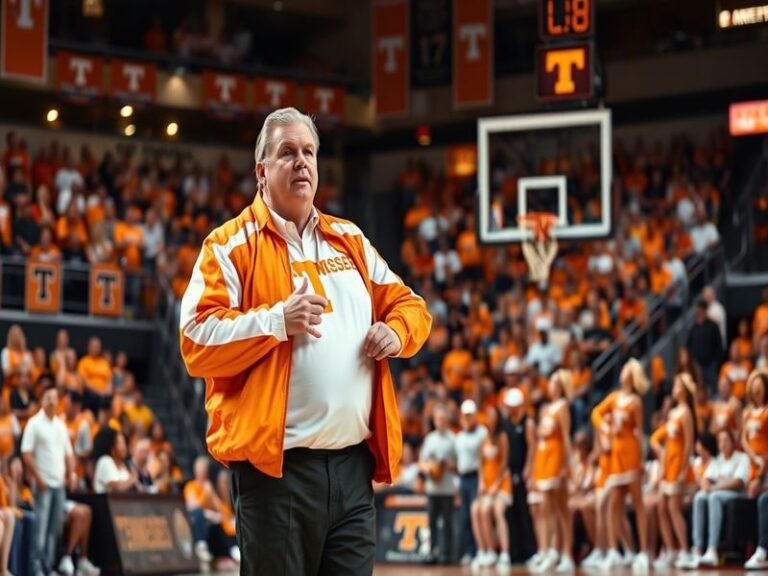 A split-image visual: on the left, a packed Thompson-Boling Arena with fans in orange; on the right, the new Tennessee basket