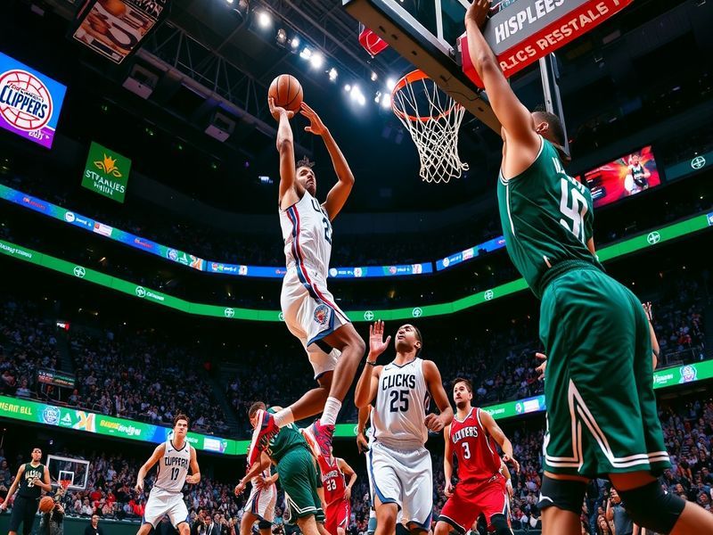 An action-packed image of Clippers and Bucks players competing on the court, showcasing dynamic movement and intense expressi