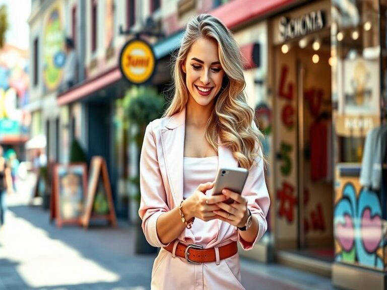 A vibrant portrait of Molly Mae Hague, showcasing her stylish fashion sense and warm smile, set against a trendy urban backdr