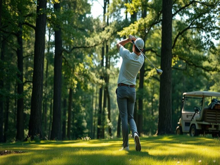 A golfer in a wooded area preparing to swing on a narrow, tree-lined fairway. The scene includes tall pines, dappled sunlight