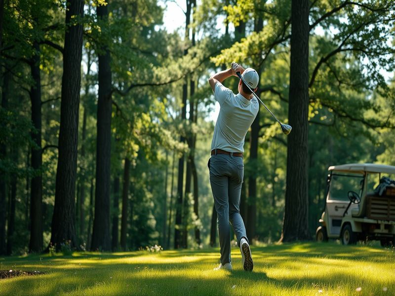 A golfer in a wooded area preparing to swing on a narrow, tree-lined fairway. The scene includes tall pines, dappled sunlight