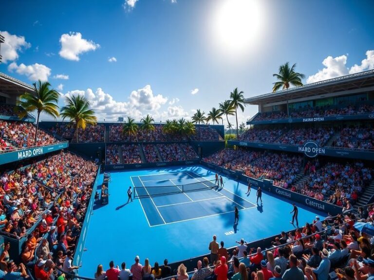 A vibrant scene from the Miami Open showcasing tennis matches, enthusiastic fans, and the beautiful Miami skyline in the back