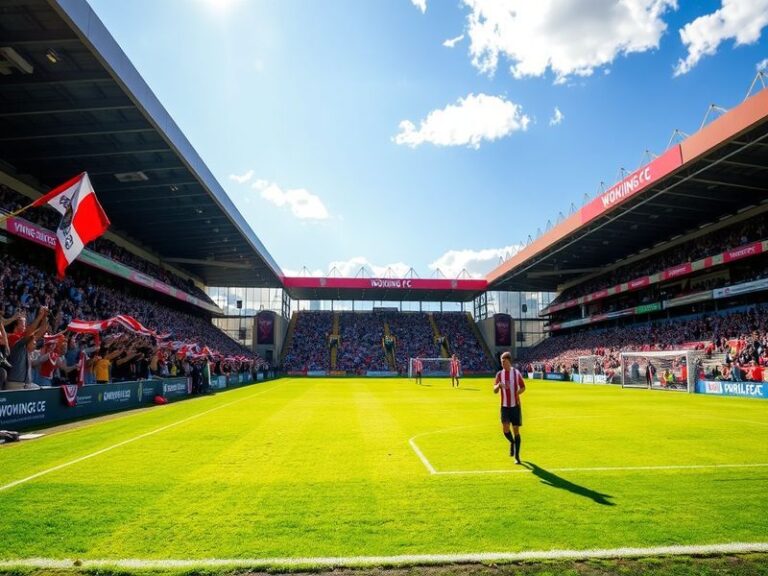 A vibrant image of Woking FC's Laithwaite Community Stadium filled with cheering fans, showcasing the excitement of a match d
