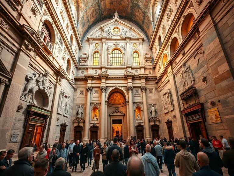A wide-angle shot of the Church of the Holy Sepulchre’s exterior, capturing its ancient stone façade, domes, and the bustling