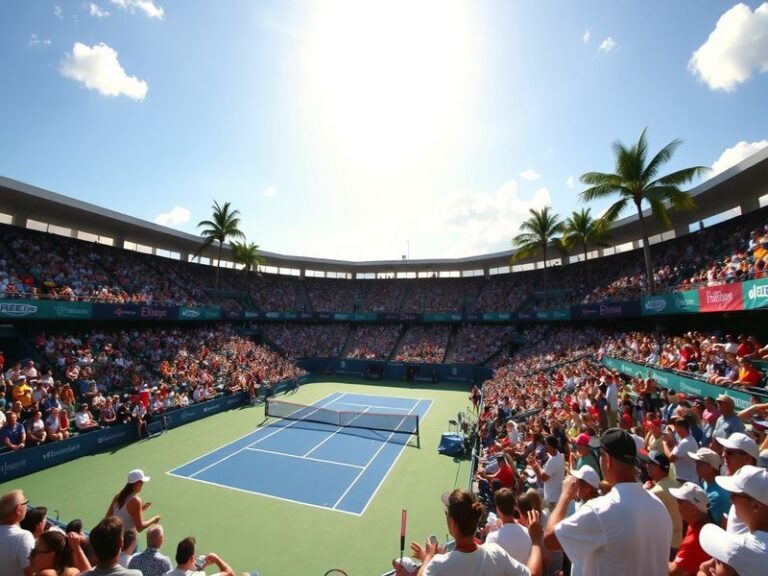 A vibrant scene from the Miami Open featuring tennis players in action, with a lively crowd and palm trees in the background,