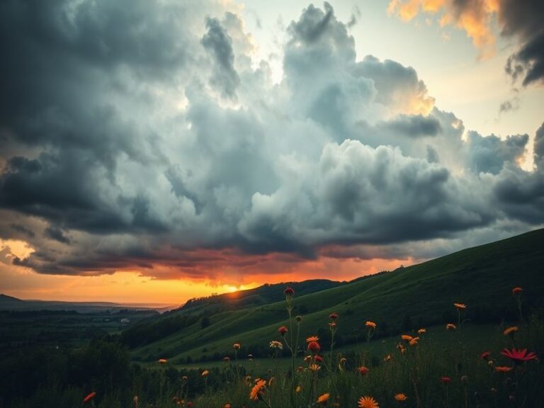 O imagine cu un peisaj urban sub un cer înnorat, cu oameni care se pregătesc pentru ploaie, purtând umbrele și îmbrăcăminte d