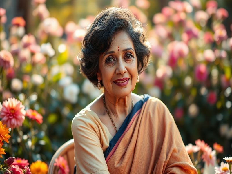 A portrait of Farida Jalal on a film set, showcasing her expressive face, elegant attire, and the vibrant backdrop of a movie