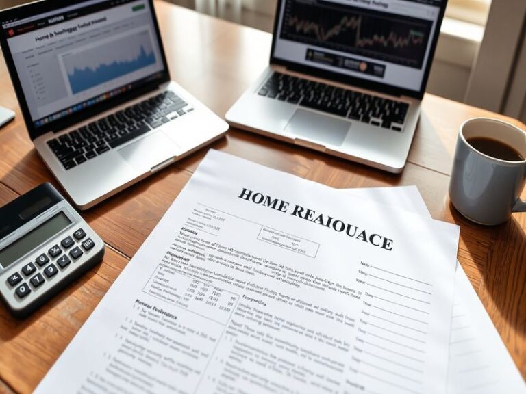 A professional desk setup with a laptop displaying a refinance rate chart, a notepad with financial notes, and a coffee cup,