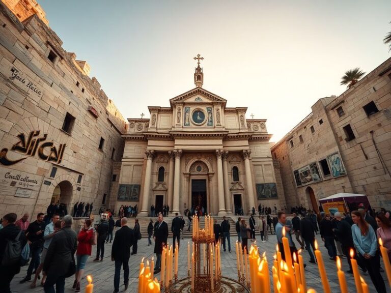 An exterior view of the Church of the Holy Sepulchre, showcasing its ancient stone architecture and the bustling atmosphere o