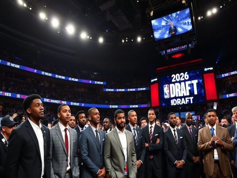 An image showcasing a basketball court with players in action, highlighting the excitement of the NBA Draft.