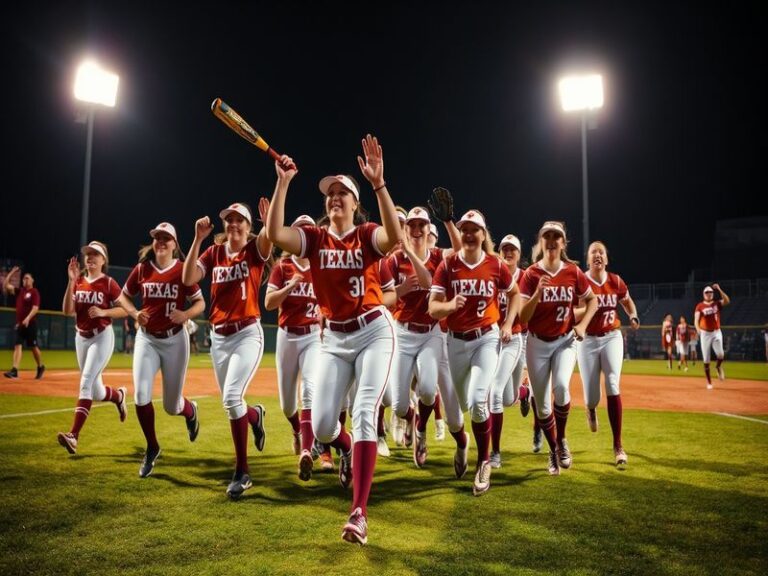 An action shot of a Texas softball game, showcasing players in vibrant uniforms, a cheering crowd in the background, and a su