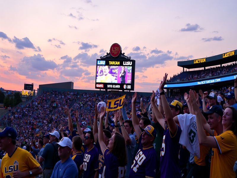 An action shot of LSU baseball players in a game, showcasing their determination and teamwork on the field.