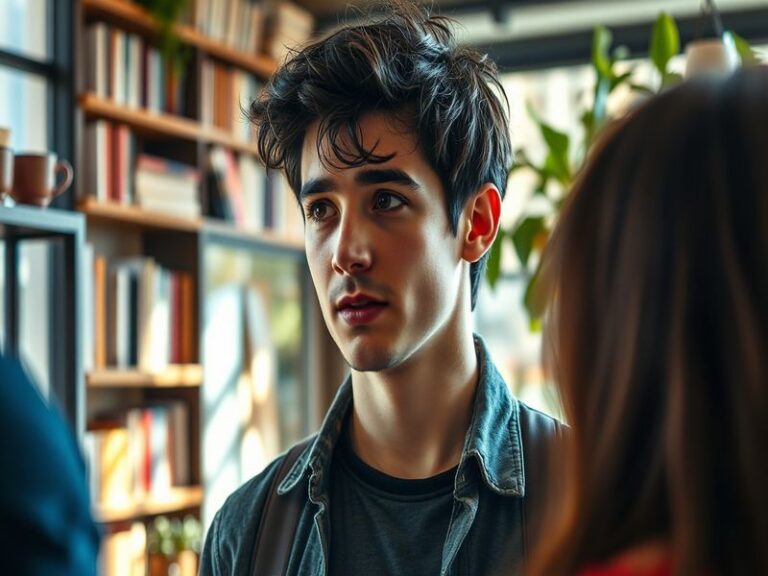 A vibrant portrait of Owen Caissie, showcasing his engaging personality and artistic flair, set against a backdrop of a theat