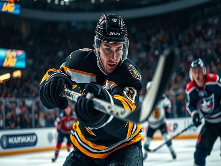 A split-image visual showing the TD Garden interior with Bruins fans in black and gold on the left, and the Nationwide Arena