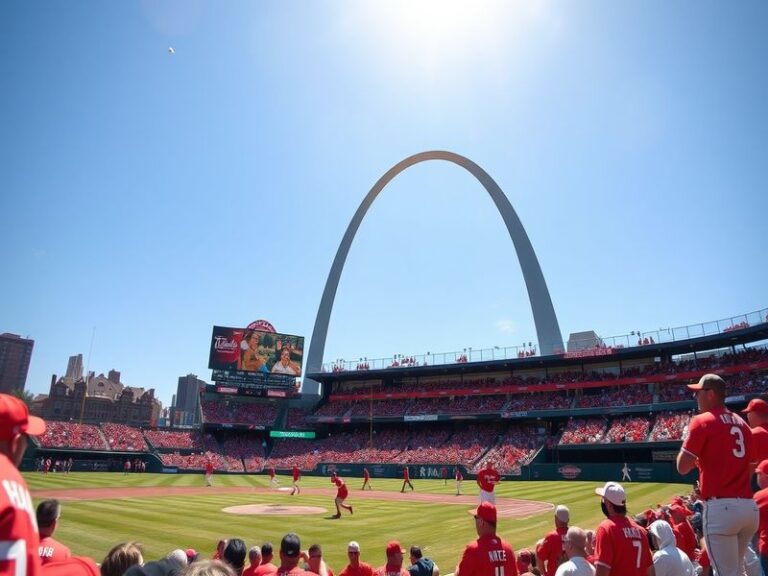 A vibrant scene of Busch Stadium filled with cheering fans during a Cardinals game, showcasing the electric atmosphere and ic