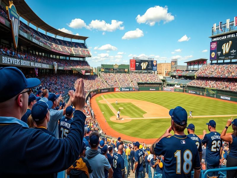 A vibrant scene at American Family Field during a Milwaukee Brewers game, featuring the team's blue and gold uniforms, fans i