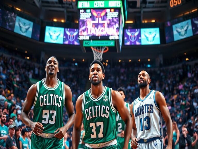An action-packed moment from an NBA game featuring the Celtics and Hornets, showcasing players in dynamic poses, with fans in