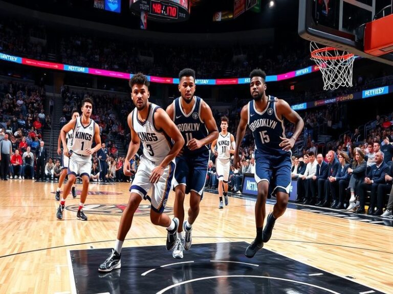 A dynamic basketball scene featuring players from the Kings and Nets in action, showcasing intense competition and athleticis