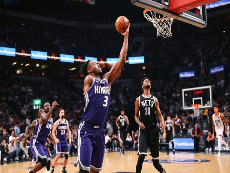 An action-packed image of the Kings and Nets players competing on the basketball court, showcasing intense moments and fan en