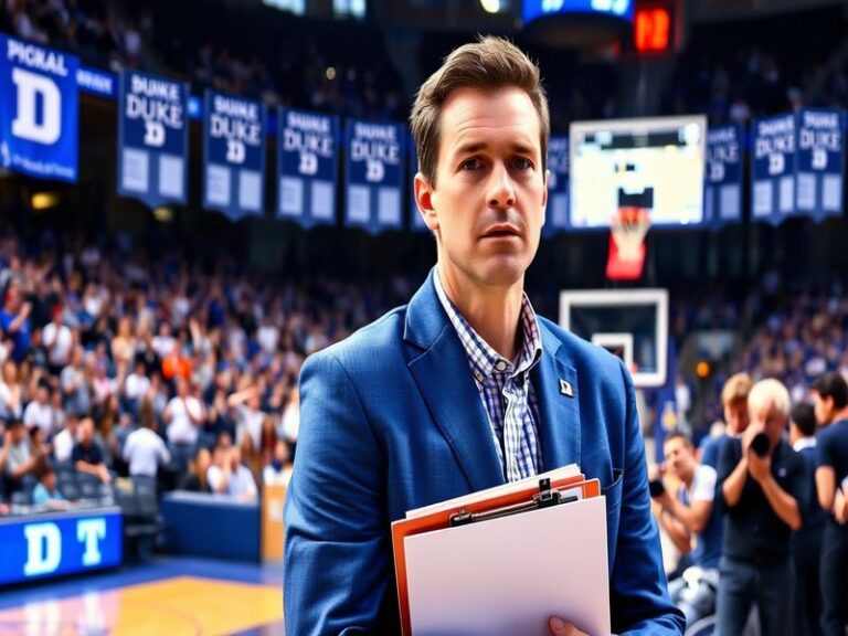A dynamic action shot of Jon Scheyer coaching during a Duke basketball game, showcasing his intense sideline demeanor. The im
