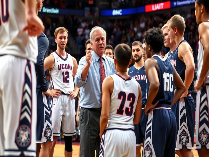 An action shot of a UConn basketball coach during a game, showcasing intense focus and team interaction, set against a vibran