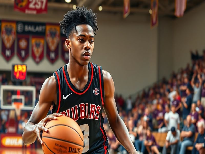 A dynamic action shot of Tarris Reed Jr. in a basketball game, showcasing his athleticism and determination on the court.